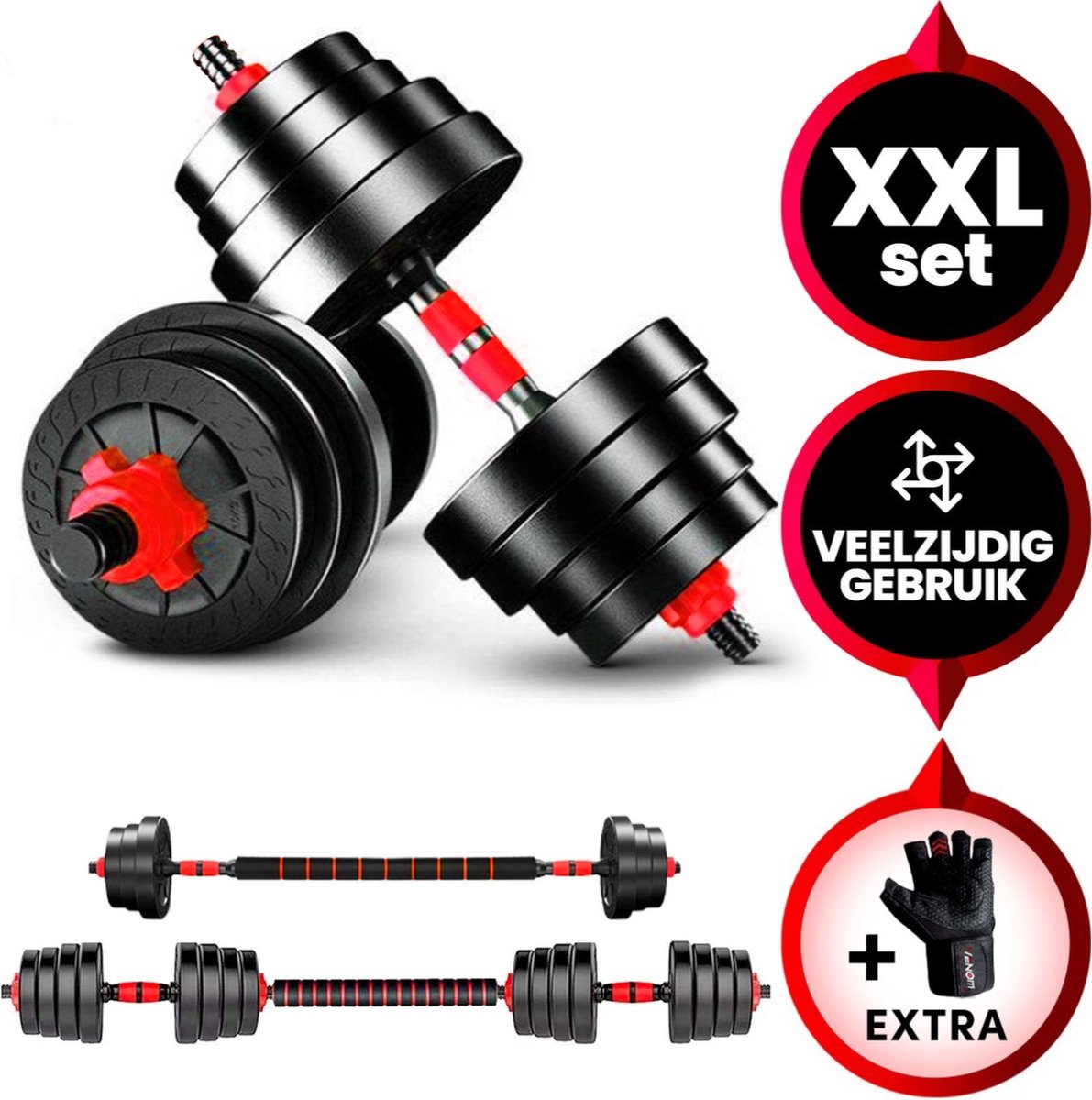 Viper Sports Verstelbare Dumbbell Set tot 40kg + Handschoenen – Professionele 2-in-1 Halterset met gewichten- 2x20kg – Krachttraining – Fitness Halterstang – Dumbells - Rood