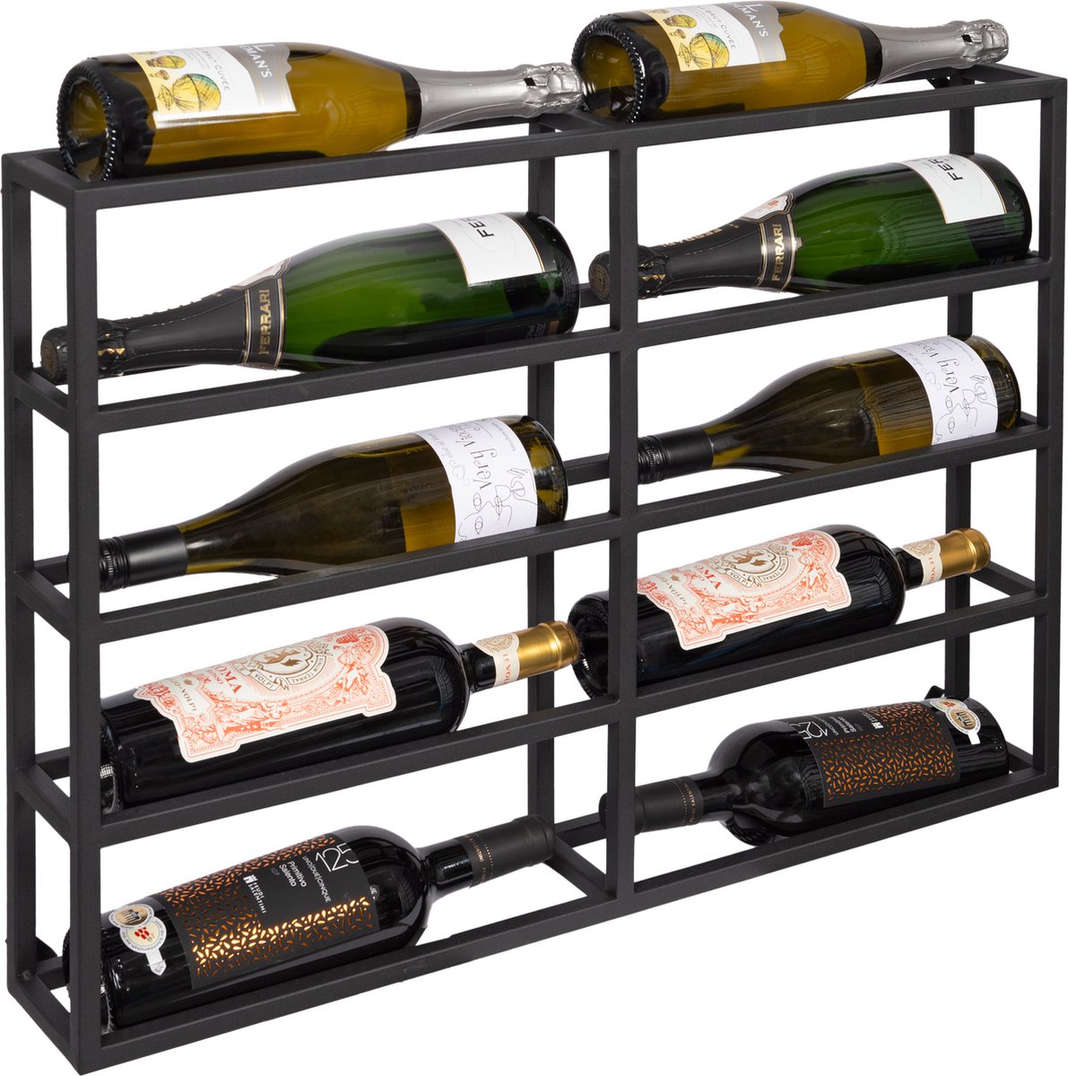 Eleganca Wijnrek – 50 x 70 x 11 cm – Wijnmeubel - Wijnrek hangend aan muur – Ruimte voor 10 flessen – Metaal – Flessenrek - Zwart- Voorgemonteerd