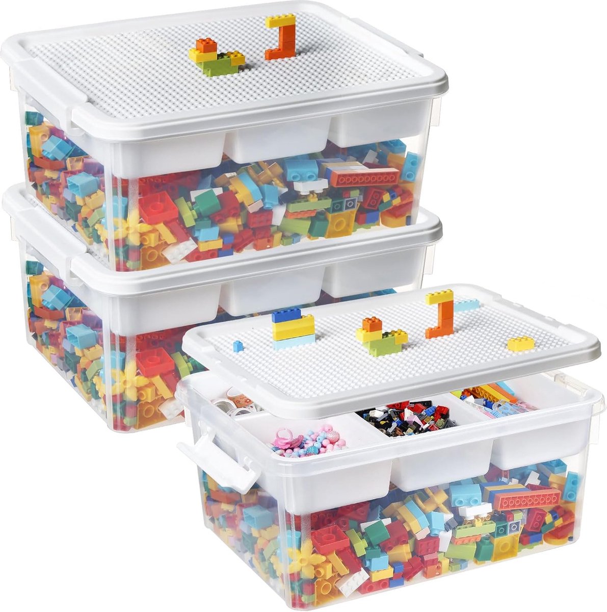 Opbergdoos voor bouwstenen, opbergvakken, 3 stuks, stapelbare dozen, speelgoedopberger met deksel en bouwplaat, stapeldozen, kunststof sorteerdozen, organizerdoos voor kleine onderdelen, kinderspeelgoeddoos