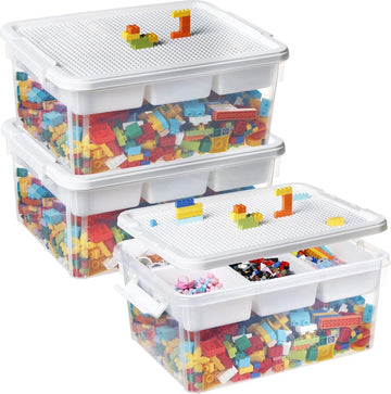 Opbergdoos voor bouwstenen, opbergvakken, 3 stuks, stapelbare dozen, speelgoedopberger met deksel en bouwplaat, stapeldozen, kunststof sorteerdozen, organizerdoos voor kleine onderdelen, kinderspeelgoeddoos