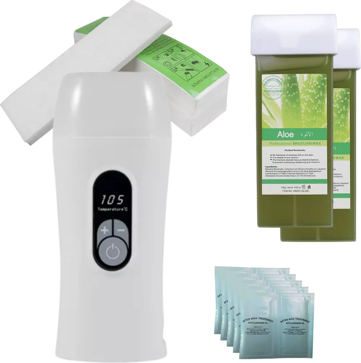 Wax Apparaat Vernieuwende Digitale Wax Roller - Wax Patroon Verwarmer - Waxen - Wax Roller Kit Incl. 2 Aloe Vera Vullingen, After Wax & Waxstrips - Waxroller - Ontharen voor man en vrouw - INCL handig E-book
