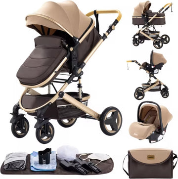 J&R Kinderwagen 3 in 1 - Kinderwagen - Bedje - Buggy - Autostoel - Opvouwbaar - Aluminium frame - Khaki/Bruin/Beige - Goud