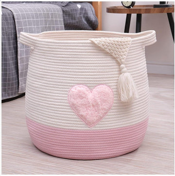 Grote katoenen touw geweven opbergmand - speelgoed organizer - was en dekens - ronde cadeaumand - kinderkamer - 45 x 43 cm - gepatenteerd product - roze rieten mand