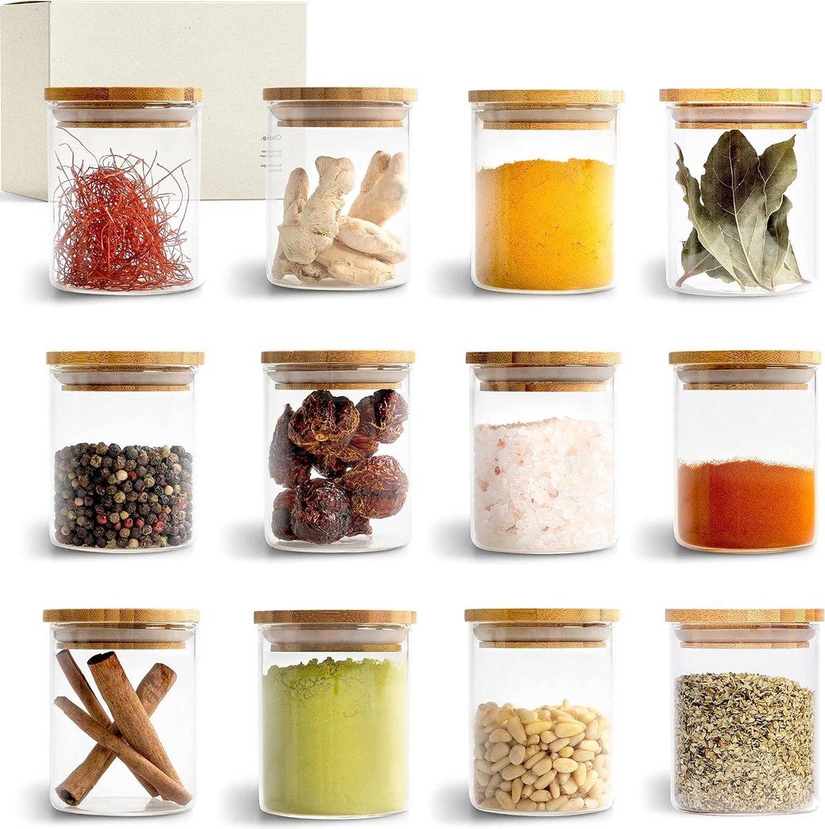 Stapelbare Kruidenpotjes Bamboe 150ml - Glazen Voorraadpotten Set - Spice Jars - Kruiden Organizer - Glazen Potjes Voorraadbussen - Thee Voorraaddozen kruidenpotjes vierkant