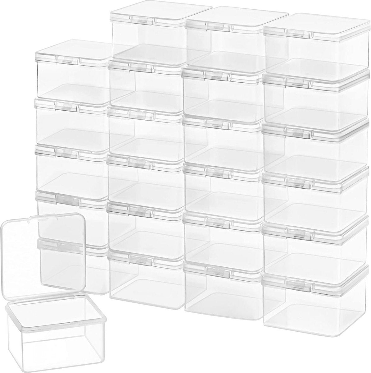 Kleine Doorzichtige Plastic Opbergdoosbakjes met Scharnierend Deksel - Set van 24 - L62 x B62 x H4 cm - Mini Vierkante Bakjes voor Pillen, Kralen, Sieraden & Knutselspullen. transparent box