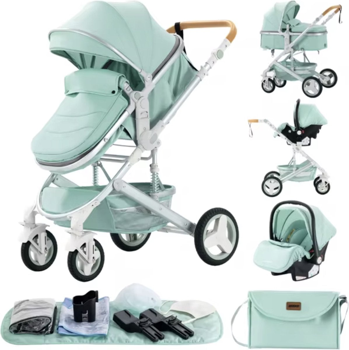 J&R Kinderwagen 3 in 1 - Kinderwagen - Bedje - Buggy - Autostoel - Opvouwbaar - Aluminium frame - Mint groen - Zilver
