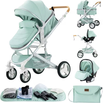 J&R Kinderwagen 3 in 1 - Kinderwagen - Bedje - Buggy - Autostoel - Opvouwbaar - Aluminium frame - Mint groen - Zilver