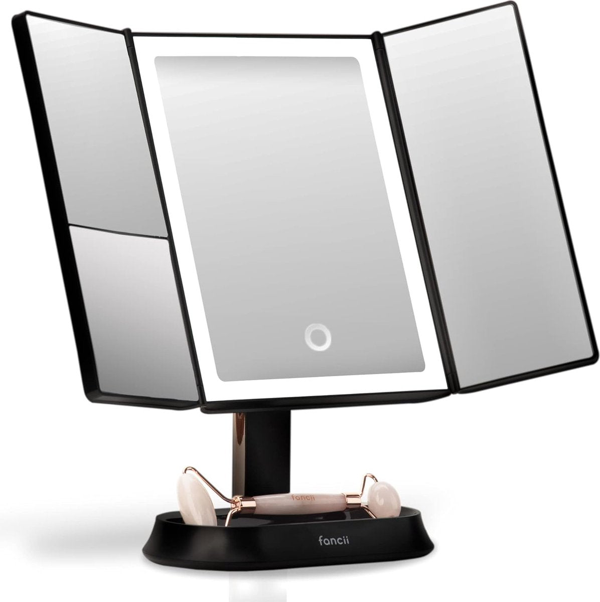 Make-up Spiegel met Natuurlijke LED Licht en 5x & 7x Vergroting - Driedelige Makeup Mirror met dimbare Verlichting Touch Screen Stand - Sora (Zwart)
