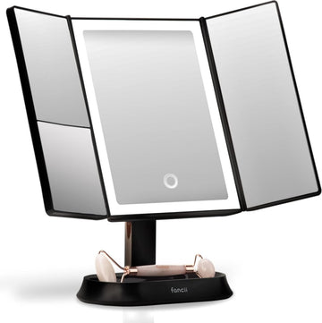 Make-up Spiegel met Natuurlijke LED Licht en 5x & 7x Vergroting - Driedelige Makeup Mirror met dimbare Verlichting Touch Screen Stand - Sora (Zwart)