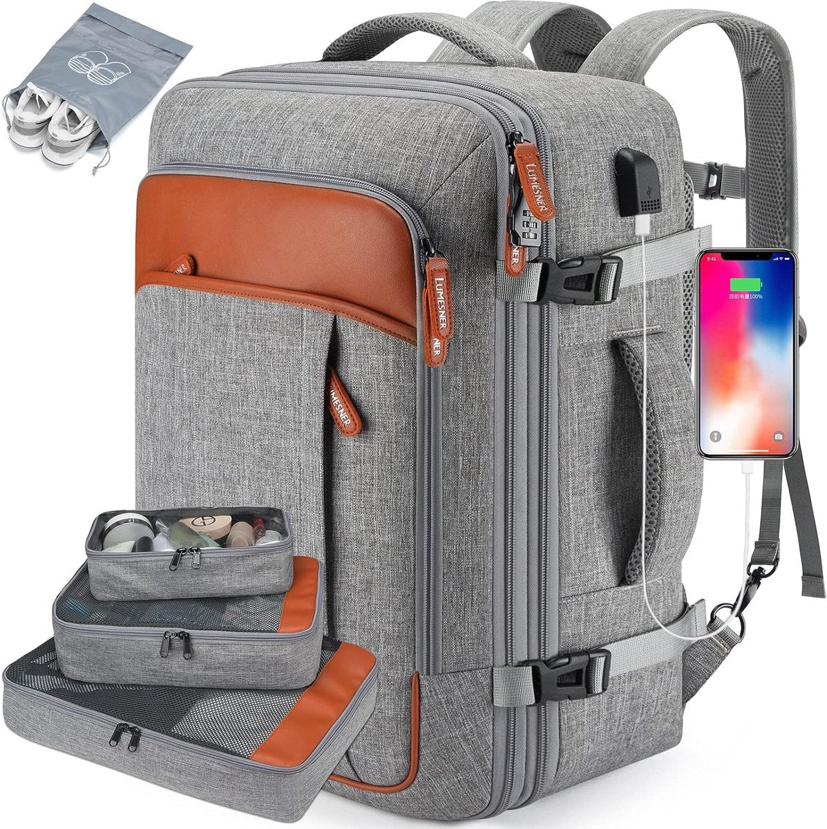 Carry-on Rugzak, Extra Grote 40L Vlucht Goedgekeurde Reisrugzak voor Mannen Vrouwen Uitbreidbare Grote Koffer Rugzak met 4 Verpakkingskubussen, Waterbestendige Bagage, Grijs (rugzak met 3)