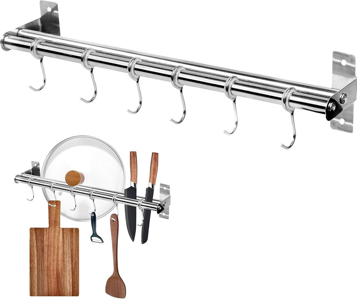 Roestvrij Stalen Keukenhaken | Dubbele Stang Ophangrail | 6 Haken | Keukengerei Houder 40 cm - Zonder Boren keukenstang