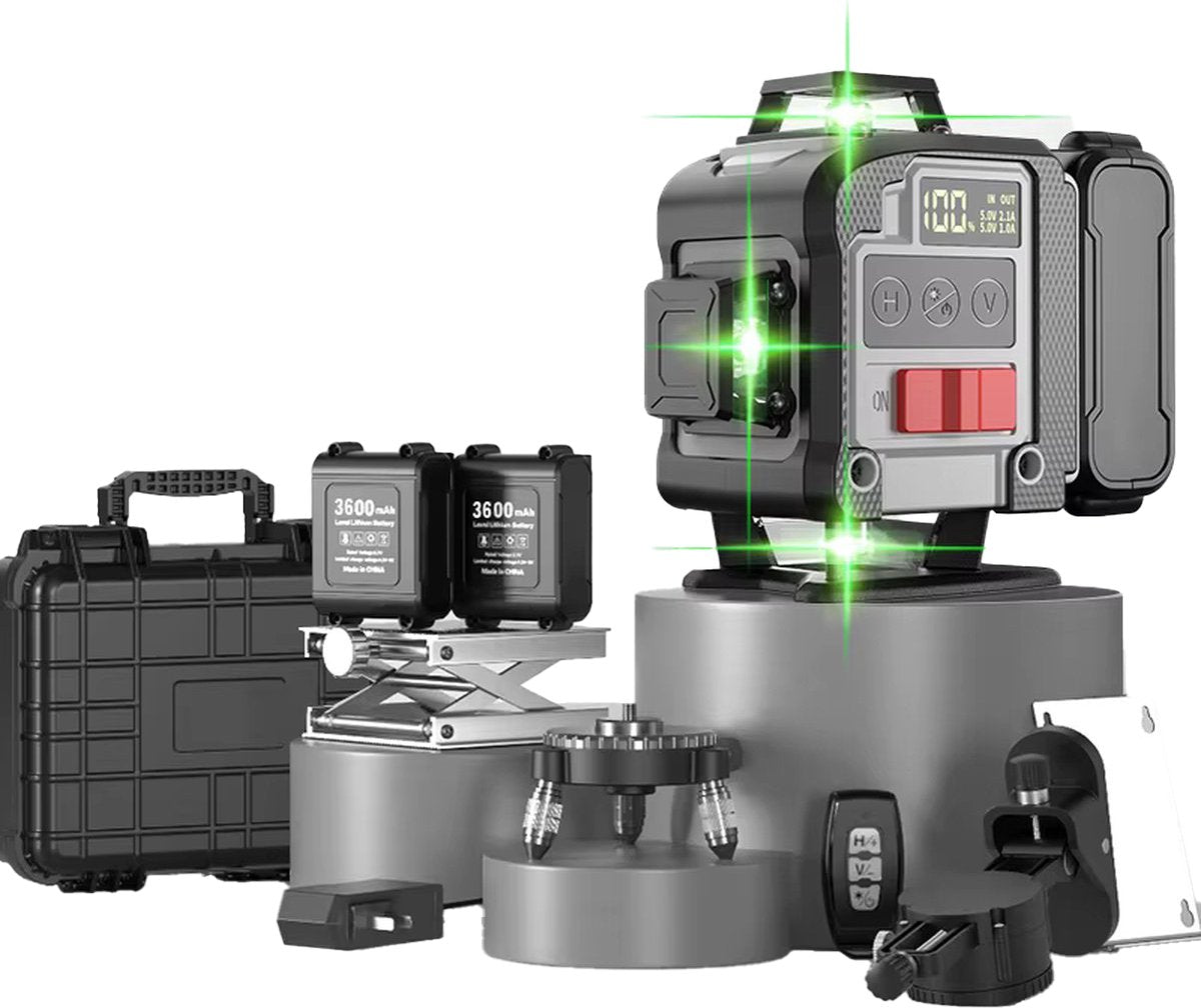 4D Kruislijnlaser - Incl draagkoffer - 4 tot 16 lijnen - Zelfnivellerend - 50 meter bereik - Met 2 batterijen - 360° Schakelbaar horizontaal & verticaal - Lijnlaser - Kruislaser - Bouwlaser