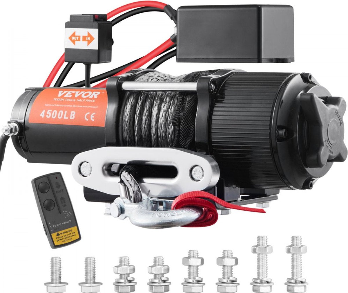 Elektrische Lier 12V Winch 4500lbs/2041kg Offroad Motor Lier Kabel Elektrische Lier Nylon Touw met Draadloze Afstandsbediening Zwart Ideaal voor