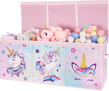 I Eenhoorn speelgoedkist, grote opbergdoos met deksel, voor kinderen, meisjes, speelgoedkist, opvouwbaar, robuust, roze, 96 x 32 x 40 cm, kledingkast, kinderkamer, kleuterschool, slaapkamer