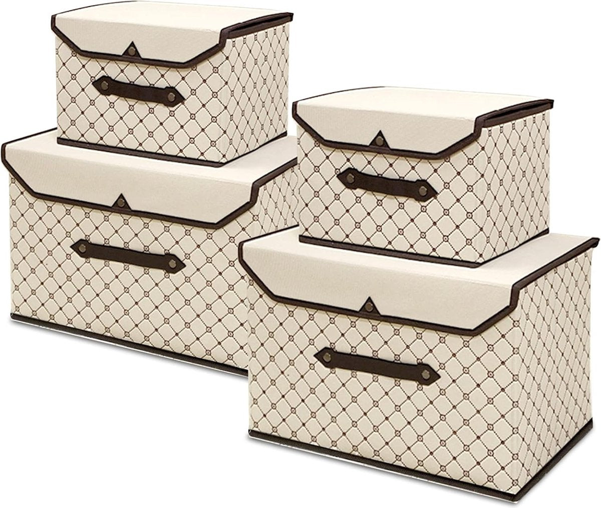 Opbergdoos met deksel, stof, 4 stuks, opvouwbare opbergdozen voor kledingkast, kleding, speelgoed, boeken, cosmetica (beige ruit)