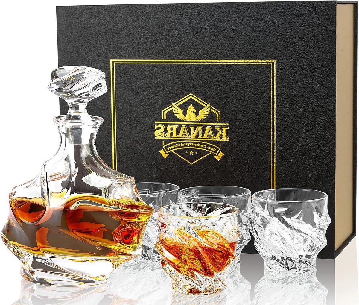 Whiskey Karaf Set - Kristallen Whisky Decanter met 4 Glazen - 750 ml Karaf en 4x260 ml Glazen - Cognac Whisky Wodka Martini Scotch Cocktails - Luxe Geschenkdoos - Set van 5 Stuks