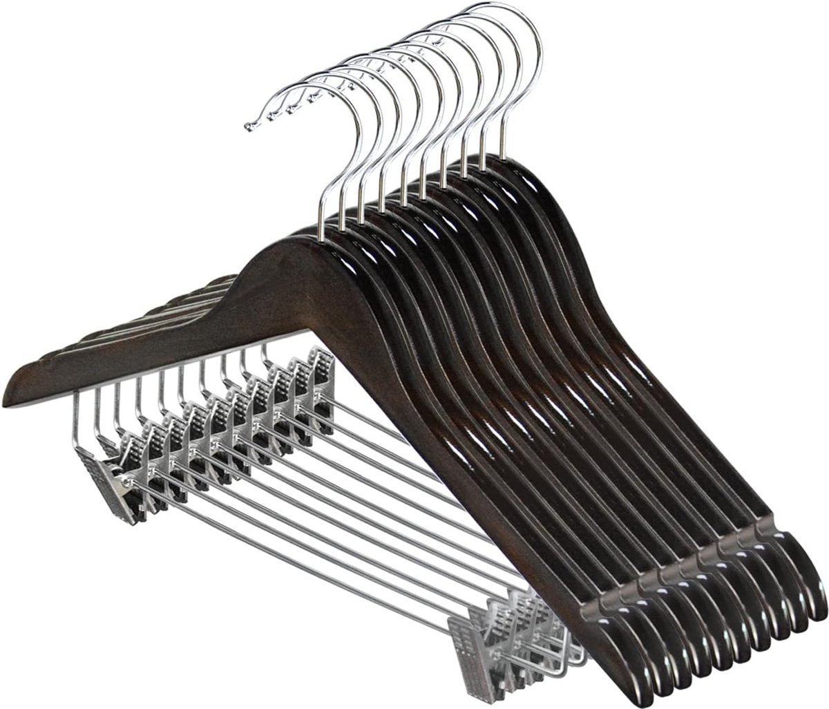10 stuks 44,5 cm natuurlijke kleerhangers van hout, met klemmen van metaal, twee inkepingen, 360 graden draaibare haken, garderobehanger, broekhanger, hanger voor broeken, shorts, rok, sokken,