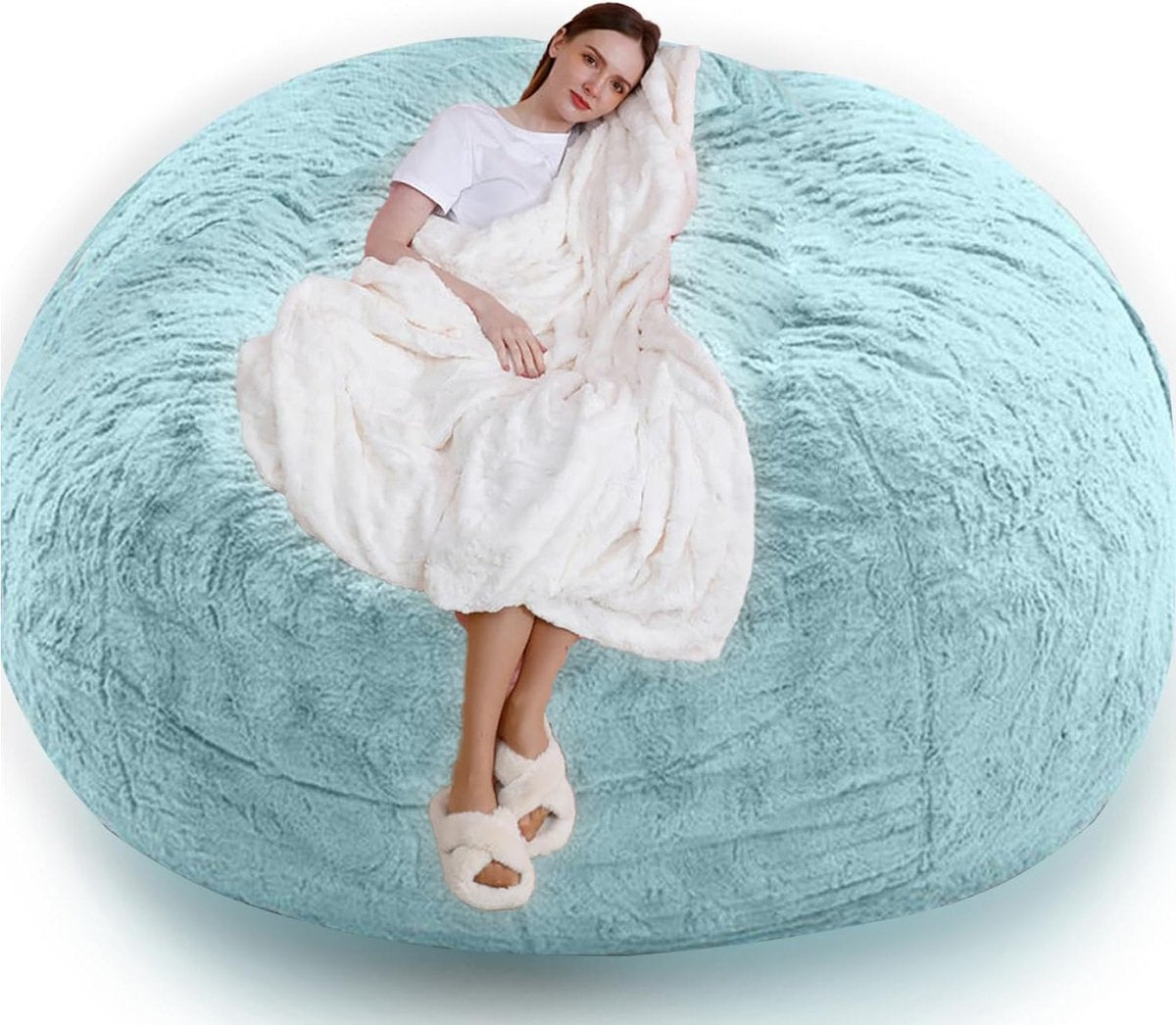 Zitzak, Bean Bag, XXL-zitzak, wollig, behaaglijk, zitzak, stoelhoes voor volwassenen (zonder vulling), wasbaar, 180 x 90 cm, zwart (6 ft), 150 x 75 cm, hemelsblauw