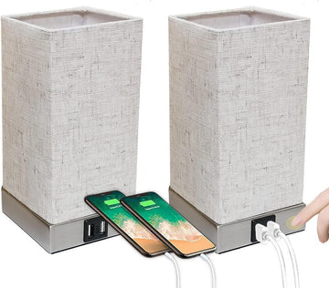 Moderne Nachtkastje Lamp Touch Dimmable Vintage met USB-aansluitingen - Warm White Bulb - Slaapkamer Kinderkamer Beige