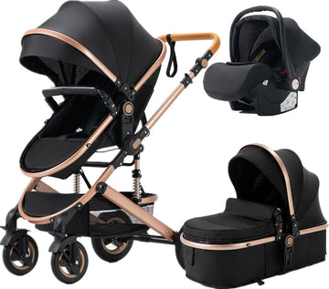 Luxe 3-in-1 Kinderwagen - Wandelwagen - Autostoeltje - Buggy - Inklapbaar - Zwart/Goud - 0-36 Maanden