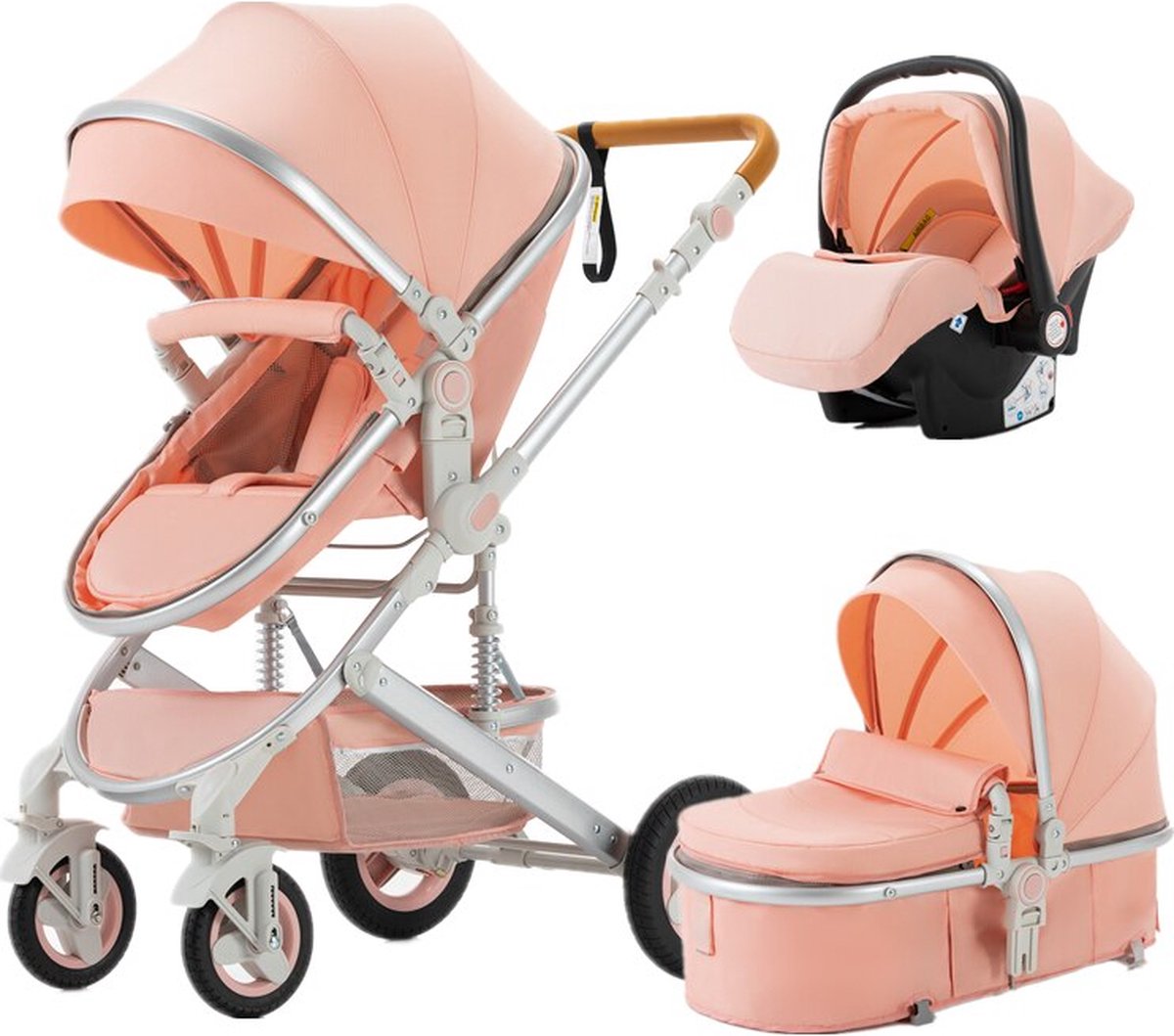 Luxe 3-in-1 Kinderwagen - Wandelwagen - Autostoeltje - Buggy - Inklapbaar - Roze - 0-36 Maanden