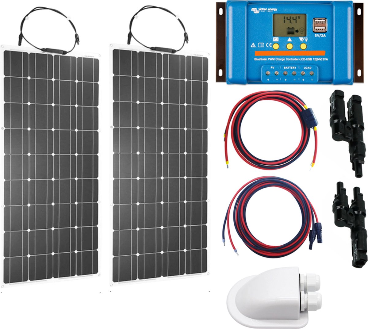 Set Flexibel Zonnepaneel 200Wp 12V Caravan, Camper, Boot, Tent of Tuinhuisje - Victron Energy BlueSolar PWM 20A LCD&USB laadregelaar - Zonnepaneel Compleet Pakket - Plug-Play set schematische tekening en handleiding-Monokristallijn