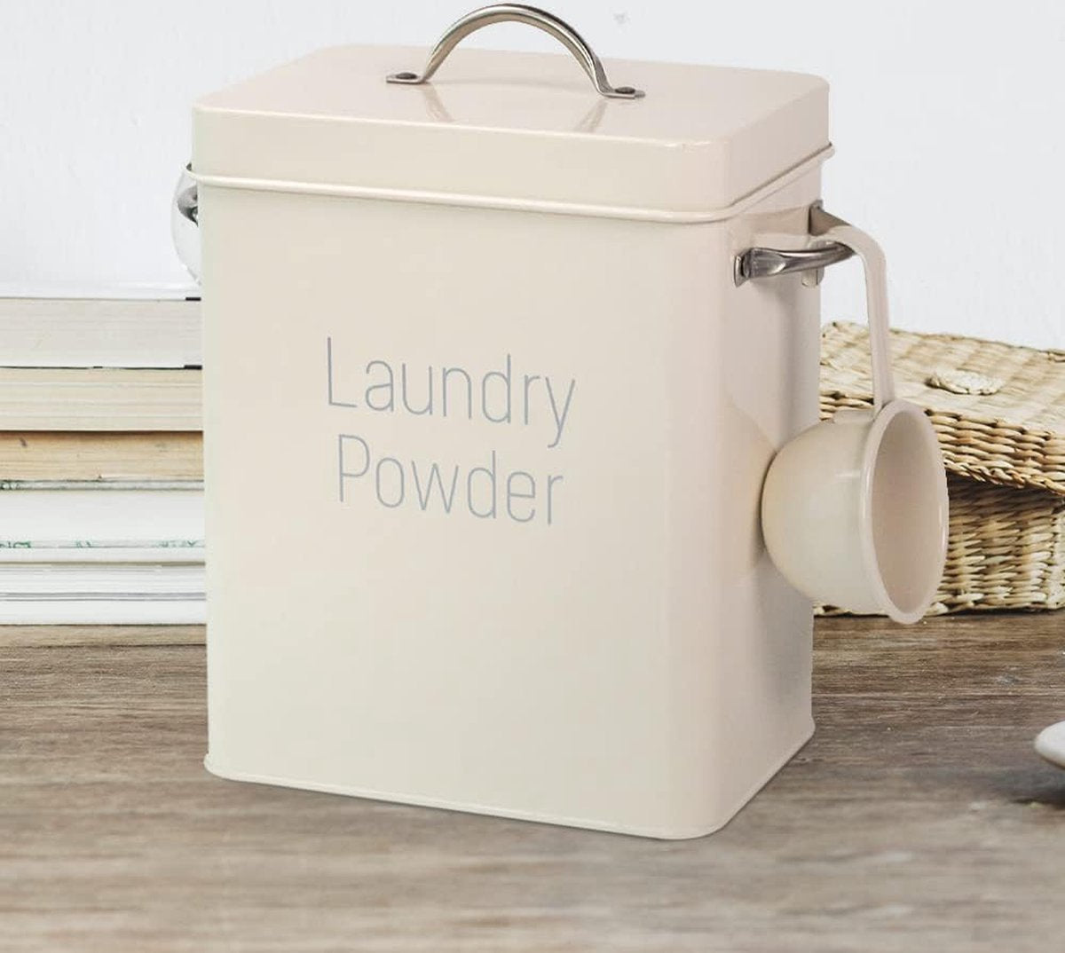 Waspoeder, bewaardoos voor wasmiddel, doos met doseerlepel en schep, waspoeder, metalen opbergdoos, 4 liter, poeder bewaardoos (melkwit)