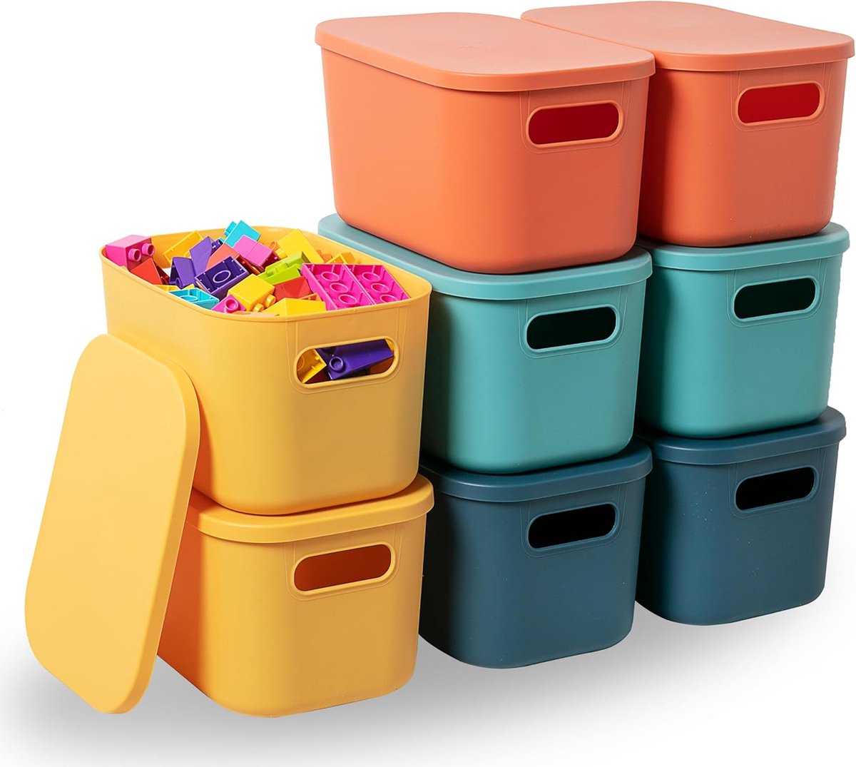 Plastic Opbergbakken met Deksel, Stapelbare Opbergbakken voor Organisatie, Opbergmanden voor Planken, Keuken, Badkamer, Speelkamer, Klaslokaal, Kantoor (Klein - 4 Stuks)