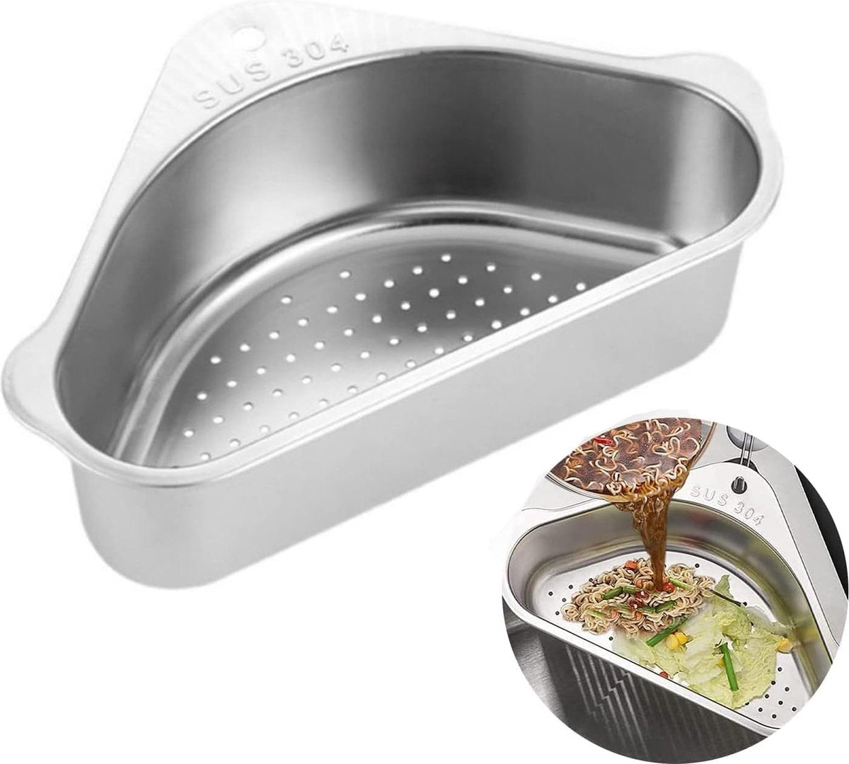 304 roestvrijstalen spoelbak-afvoerrek, driehoekige gootsteenzeefmand, spoelbakfilterplank, multifunctionele spoelbakorganizer voor filter-levensmiddelafval en wassen, groenten of fruit (zilver)