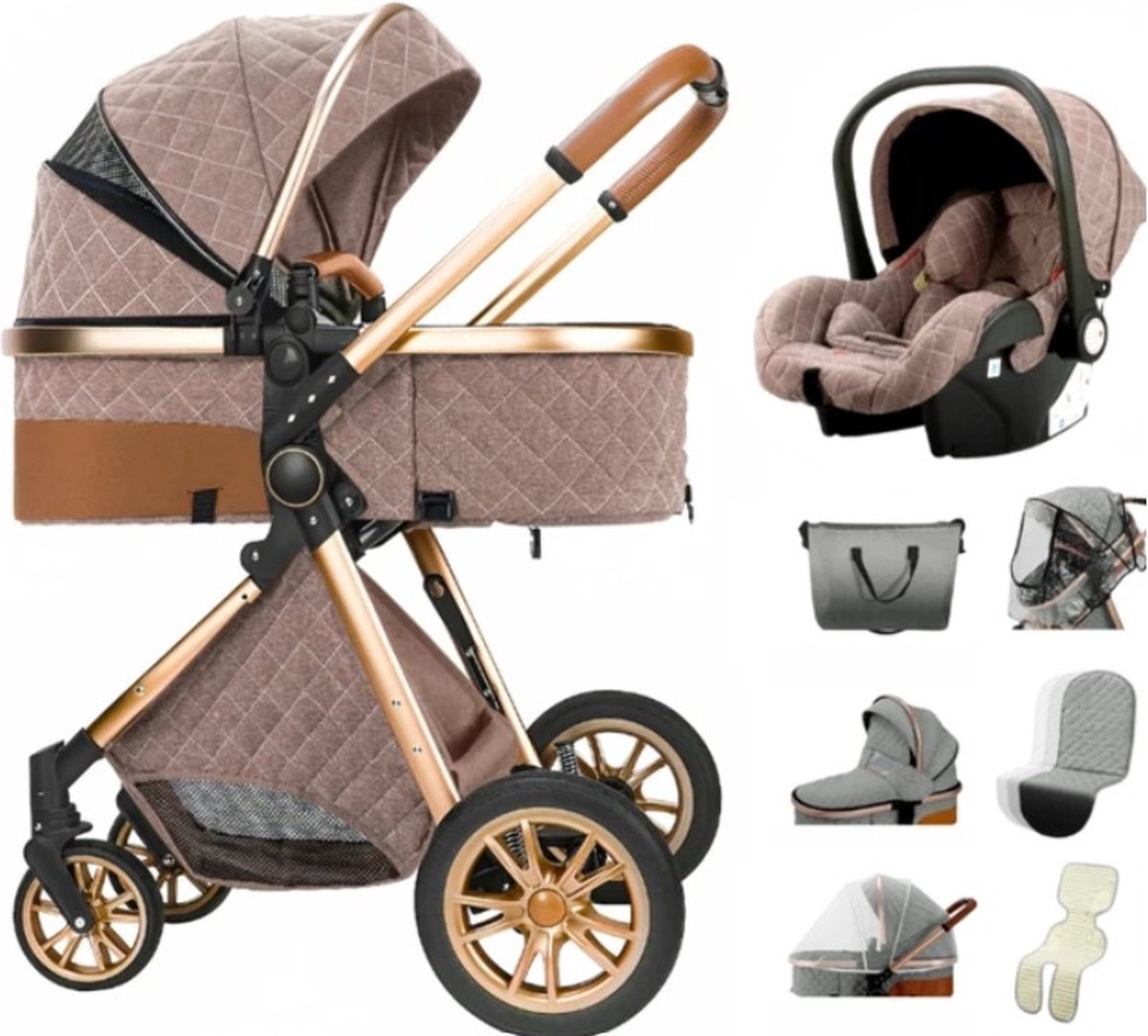 Luxe multi-functionele 3 in 1 kinderwagen - Kwalitatieve buggy - Opklapbare wandelwagen - Khaki