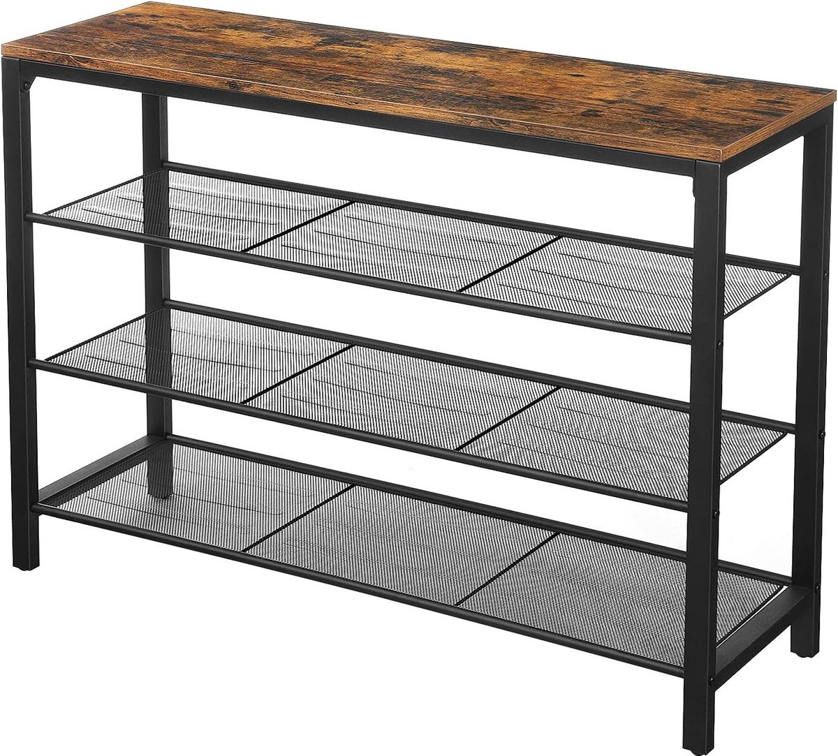 Hoppa! Schoenenrek, schoenenrek, schoen organisator met 3 strak gemaasde gaasplanken, gang, woonkamer, slaapkamer, eenvoudige constructie, stal, industriële stijl, vintage bruin-zwart