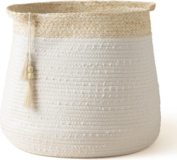 Geweven wasmand - Grote opbergmand van katoenen touw met handvat en kwastje voor baby, kinderkamer, speelgoed, organizer, huisdecoratie, cadeau, wit, H 38 x B 44 cm