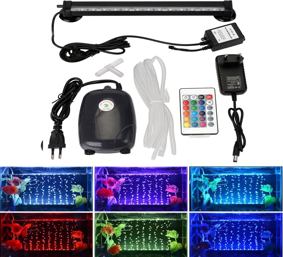 Aquarium RGB verlichting – 9 LED’s - 19 cm - met mogelijkheid voor luchtbellen - Wordt zonder luchtpomp geleverd. 4 jaar garantie.