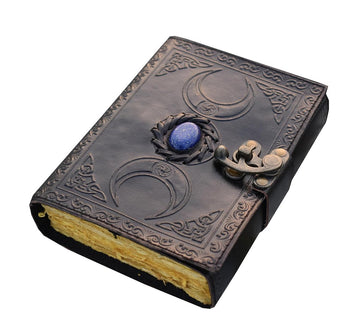 Leren Dagboek - Handgemaakt Leren Journal met Drievoudige Maan ontwerp - Triple Moon Design - Black Book of Shadows with Antique Paper and Scoop Edge | Sketchbook for Magic Formulas and Sacred Geometry