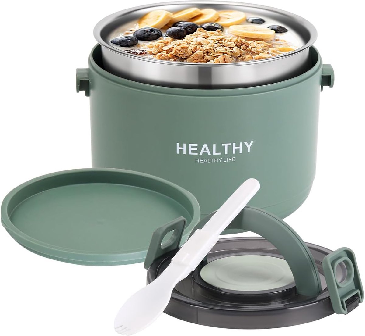 Thermocontainer voor eten, 1000 ml roestvrij staal, warmhoudcontainer voor eten en kinderen, thermische lunchbox met gespafdekking voor soep, muesli, stoofpot (groen)