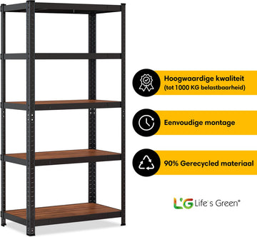 Life’s Green Stelling 75 cm - Opbergrek - Stellingkast - Metaal - Zwart - 150x75x30 cm