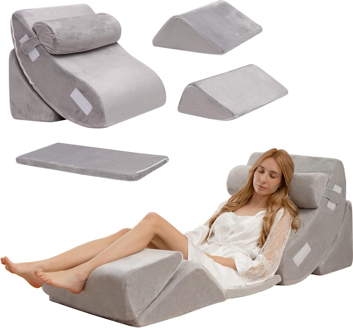 6-delige orthopedische kussenset, traagschuimwigkussen met afneembare hoofdsteun, comfortabel en verstelbaar leeskussen, bedwigkussen, rugsteunkussen voor slapen en lezen