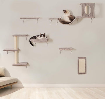 Kattenset - 6-delige kattenwandplanken, stabiele houten klimmer voor katten, wandpark met kattenhuis, kattenbrug, kattenboom, kattentrap en krabplank voor katten tot 10 kg