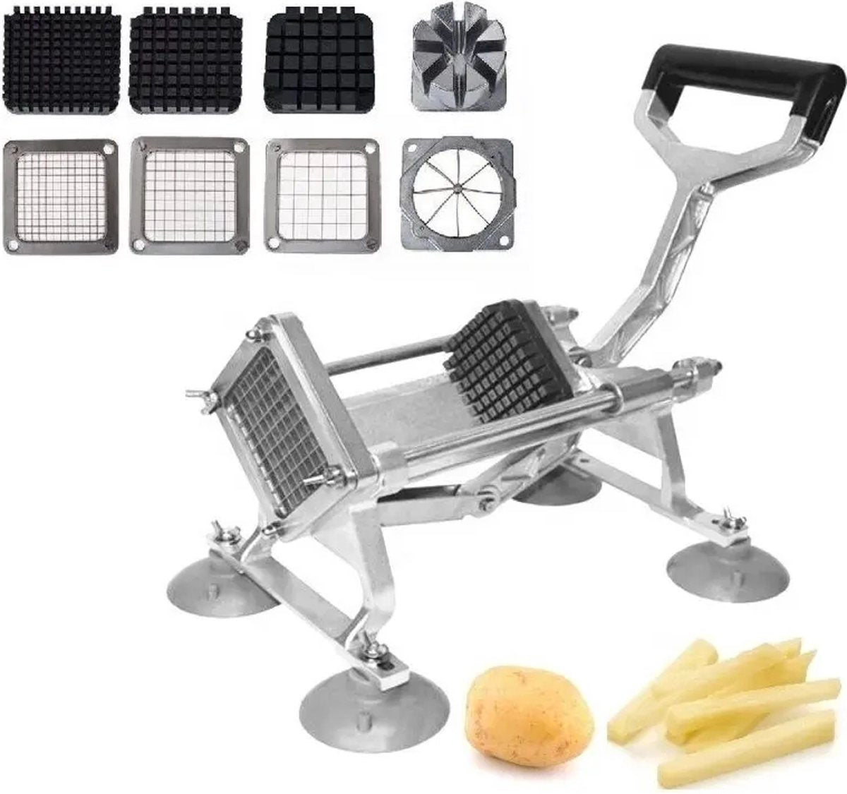 Professionele frietsnijder Aluminium - Stevig - Patat - 4 Opzetstukken - Partjes - Met noppen - Vlaamse friet - Franze frietjes - Normale patat - Groentes snijden