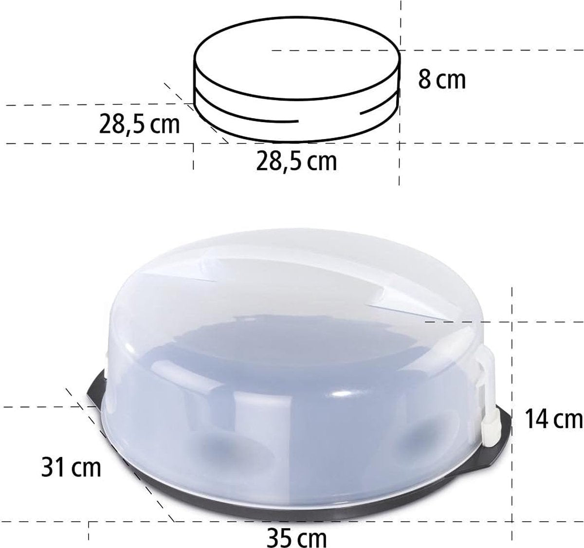 caketransportdoos rond met deksel (cakevorm Ø 28,5 cm, binnenhoogte 8 cm, cakedoos met verdeelhulp, afzuigkap en serveervakken, party en cakebutler) antraciet cakeschaal