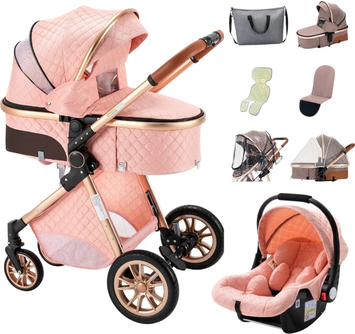 Luxe 2-in-1 Kinderwagen - Wandelwagen - Autostoeltje - Buggy - Inklapbaar - Roze - 0-36 Maanden