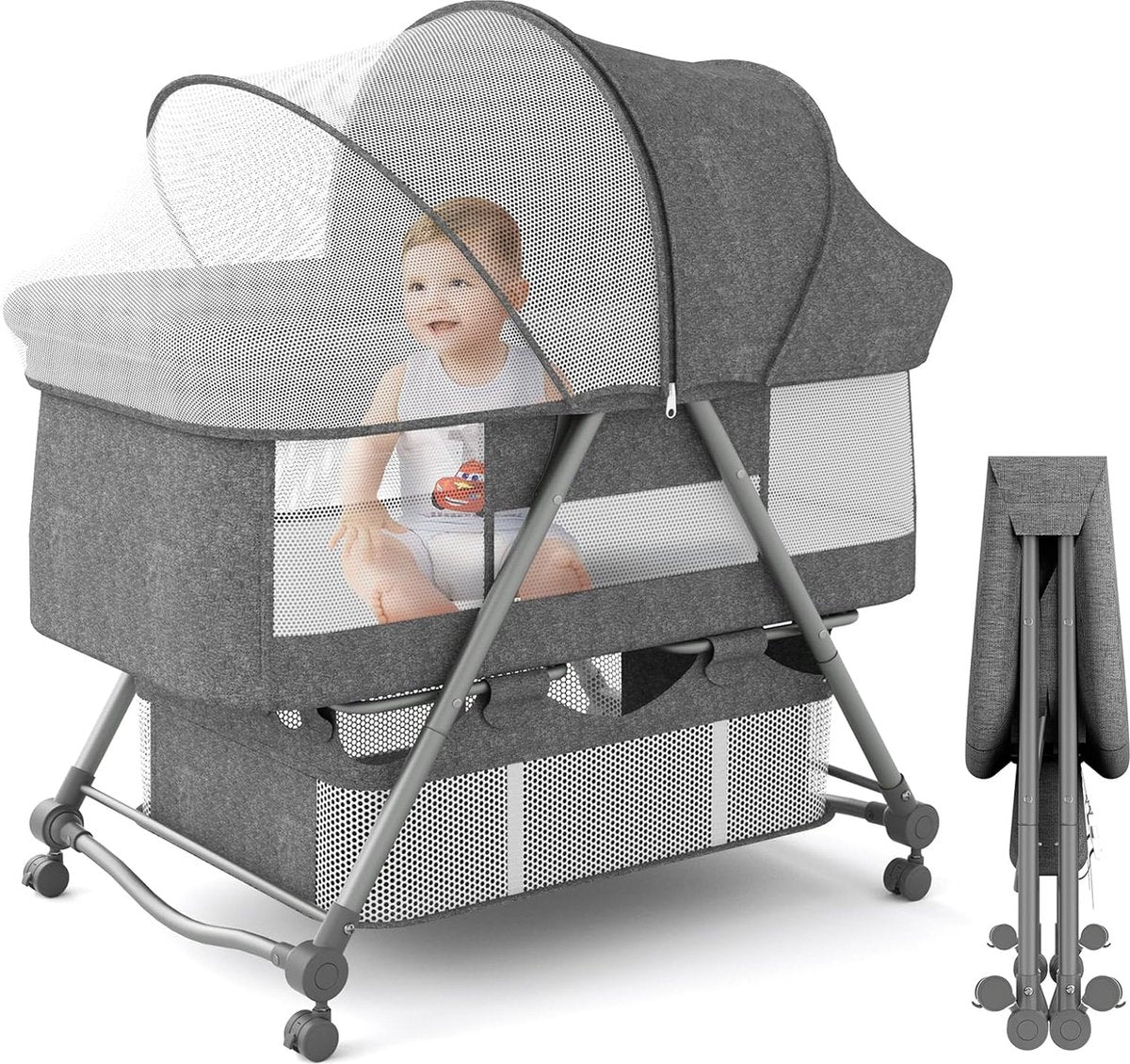 Babybed met zachte matras reisbed incl. opslag, wiegfunctie, opvouwbaar, slip en transporttas, vanaf de geboorte tot 20 kg, complete set voor baby's van 0-6 maanden, grijs