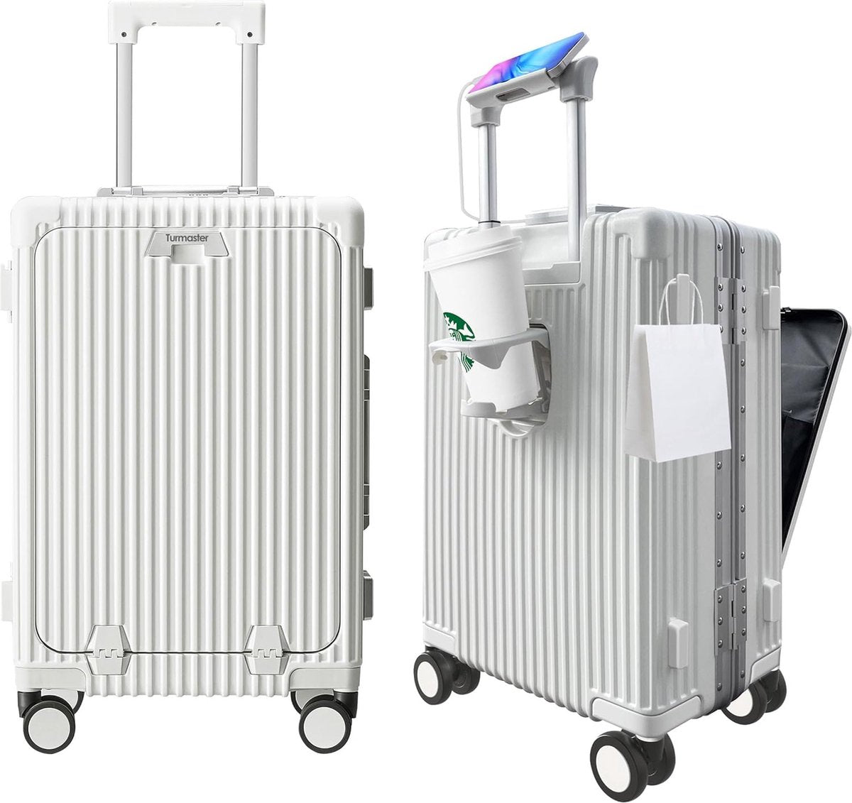 Goedgekeurd handbagage met spinner-wielen, 20 inch koffer met aluminium frame, geïntegreerd TSA-slot, met USB-poort en beker, mobiele telefoonhouder reiskoffer, wit, Ontwerp met