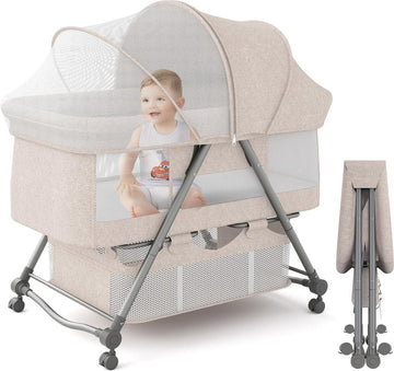 Babybed met zacht matras, reisbed incl. opslag, wiegfunctie, opvouwbaar, slip en transporttas, vanaf de geboorte tot 20 kg, wieg, complete set voor baby's van 0-6 maanden, kaki