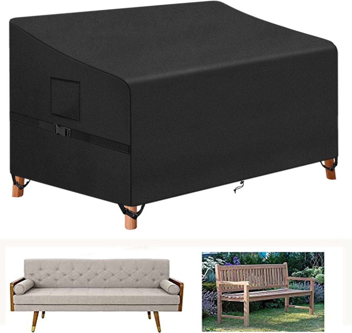 Tuinbankhoes, 3-zits en buitentuinbankhoes, beschermhoes voor tuinmeubelen, 420D Oxford stoffen hoes voor tuinbank, waterdicht, winddicht, UV-bestendig, 163 x 66 x 63/89 cm
