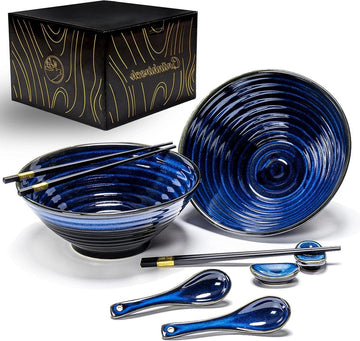 Ramen Bowl 8-delige set originele Japanse keramische ramen en soepen kom - incl. eetstokjes en lepels - Aziatisch servies kom voor noedelsoep muesli salade - incl. e-book