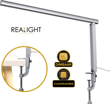 Realight dimbare bureaulamp – Krachtige LED Lamp met 4 Lichtkleuren – Gemakkelijk te bevestigen op bureaus tot 6 cm dik – 360° Rotatie – LED lichten – Licht aluminium – 8 Watt - Zilver