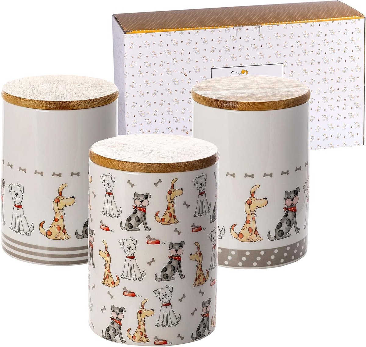 Keramische Voorraadpotten Set van 3 - Keuken Opbergpotten - Luchtdichte Bamboe Deksels - Leuke Keukenaccessoires - Cadeaus voor Hondenliefhebbers - 1200ml