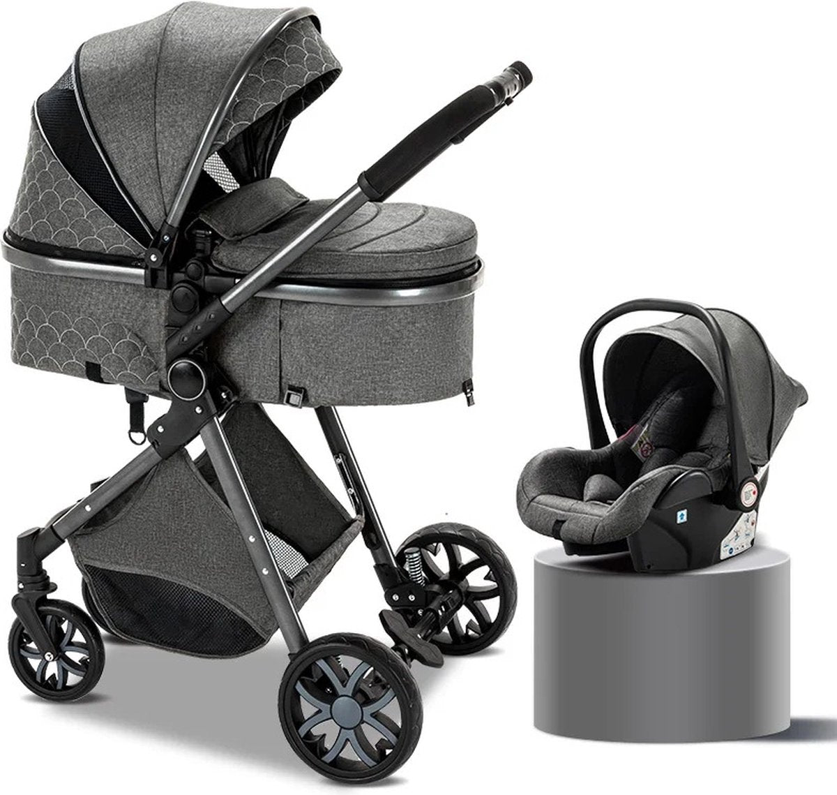Luxe Multifunctionele 3-in-1 Combi Kinderwagen - Kwalitatieve Buggy - Buggy's - Opklapbare Wandelwagen - Maxi cosi - Incl. Autostoel - dark grey