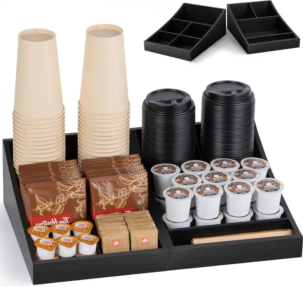 Koffiestation Organizer voor aanrecht - Hout Zwart 9 Compartimenten - Thuis en Kantoor Organisator voor Koffie en Thee tea bag organizer